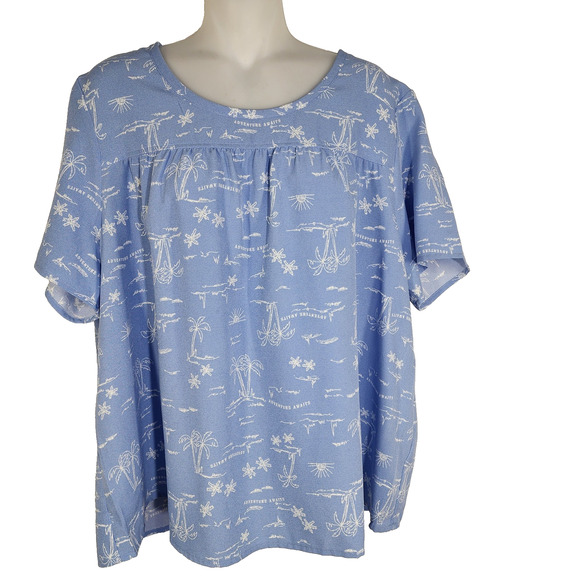 Denim & Co Womens Scenic Print Short Sleeve Crew Neck Blouse Large Blue Haze - Picture 1 of 9